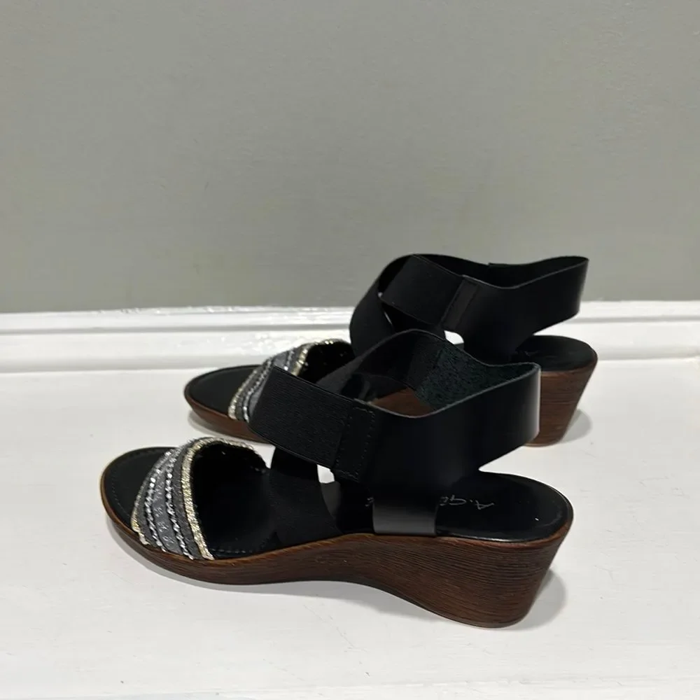 Beaded Wedge Black and Gray Silver Comfort Sandals-size 6.5